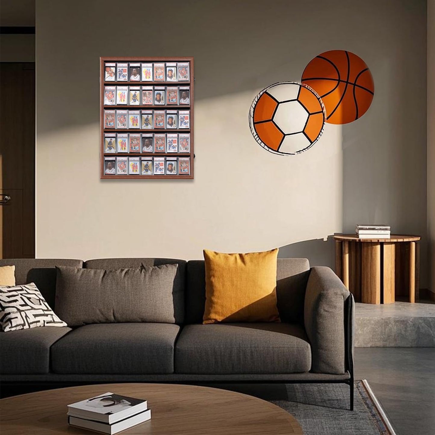 VERANI Baseball Display Case - 35 Graded Sports Card Frame - Holds Cards With UV Protection Clear View Lockable Wall Cabinet for Football Basketball Hockey Trading, Walnut