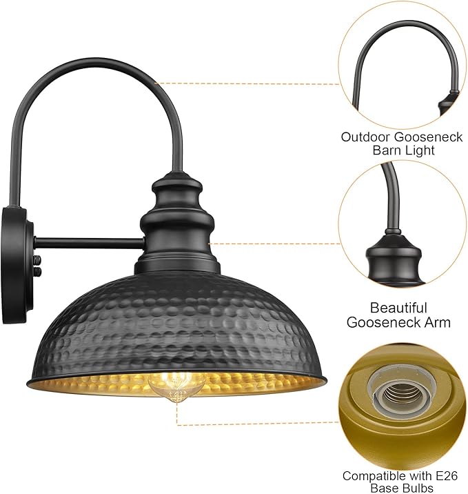 Dusk to Dawn Farmhouse Outdoor Barn Light Fixtures, 12 Inch Dome Gooseneck Exterior Wall Lights, Rustic Outdoor Wall Sconces Outside Wall Mount Lantern with Bead Shape for Porch, Garage, Doorway