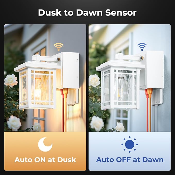 2-Pack Outdoor Wall Light with GFCI Outlet, White Dusk to Dawn Exterior Light Fixture Wall Lantern, Waterproof Front Porch Lights Wall Mount, Modern Outdoor Coach Lights with Water Ripple Glass
