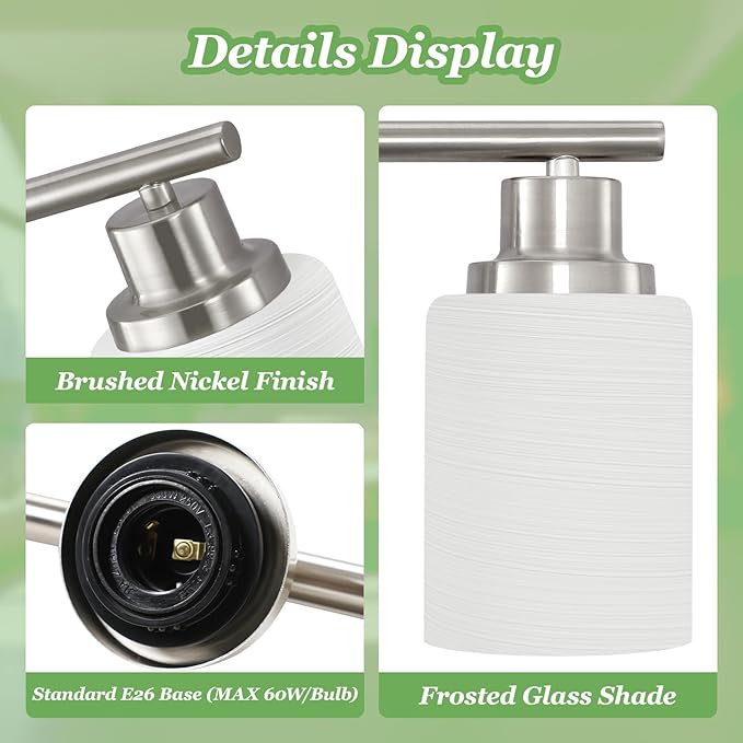 3-Light Bathroom Light Fixtures, Vanity Lights for Mirror with Textured Milky White Glass Shade, Modern Kitchen Light Fixtures Wall Sconce Light - E26 Base - Brushed Nickel