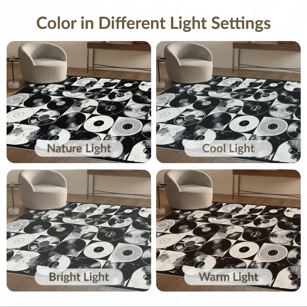 ODIKA Flatwoven High Traffic Area Rug 8x10, Vinyl Record Inspired with Classic Rock Band Graphics, Non Slip, Stain Resistant, Washable Area Rugs for Living Room, Bedroom (Black, 8x10)
