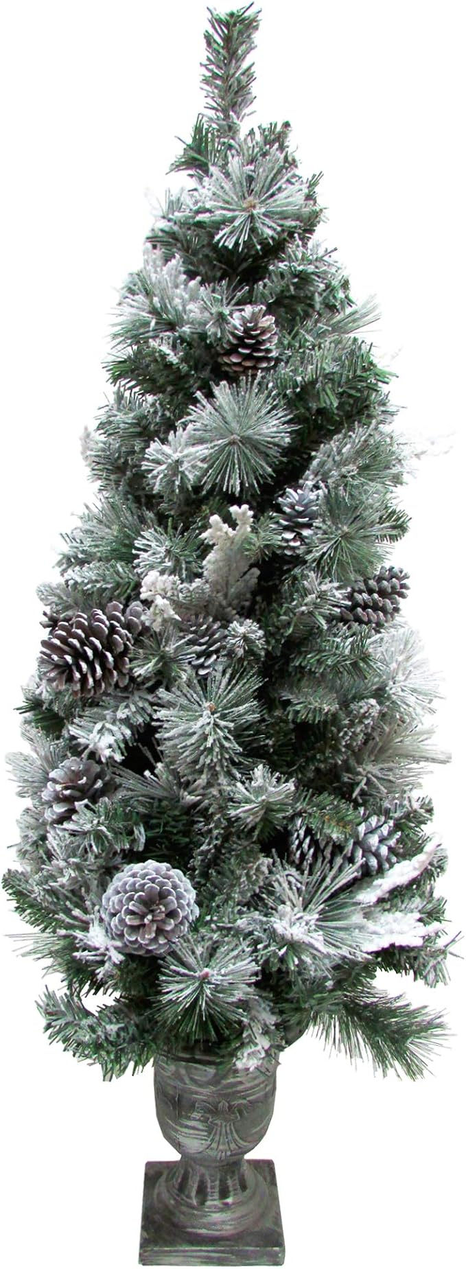 Fraser Hill Farm 4-Ft. Christmas Snow Flocked Porch Tree with Oversized Pinecones in Ornamental Pot, FF048CHPT001-0SN