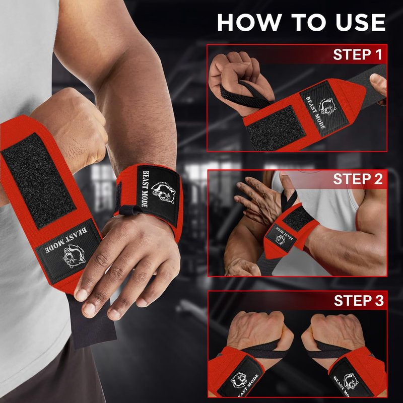 TECEUM Weightlifting Wrist Wraps with Thumb Loop – Red – Beast Mode – 12 inch – Heavy-Duty Workout Wrist Support & Protection – Ideal for Powerlifting, Strength Training, Bodybuilding