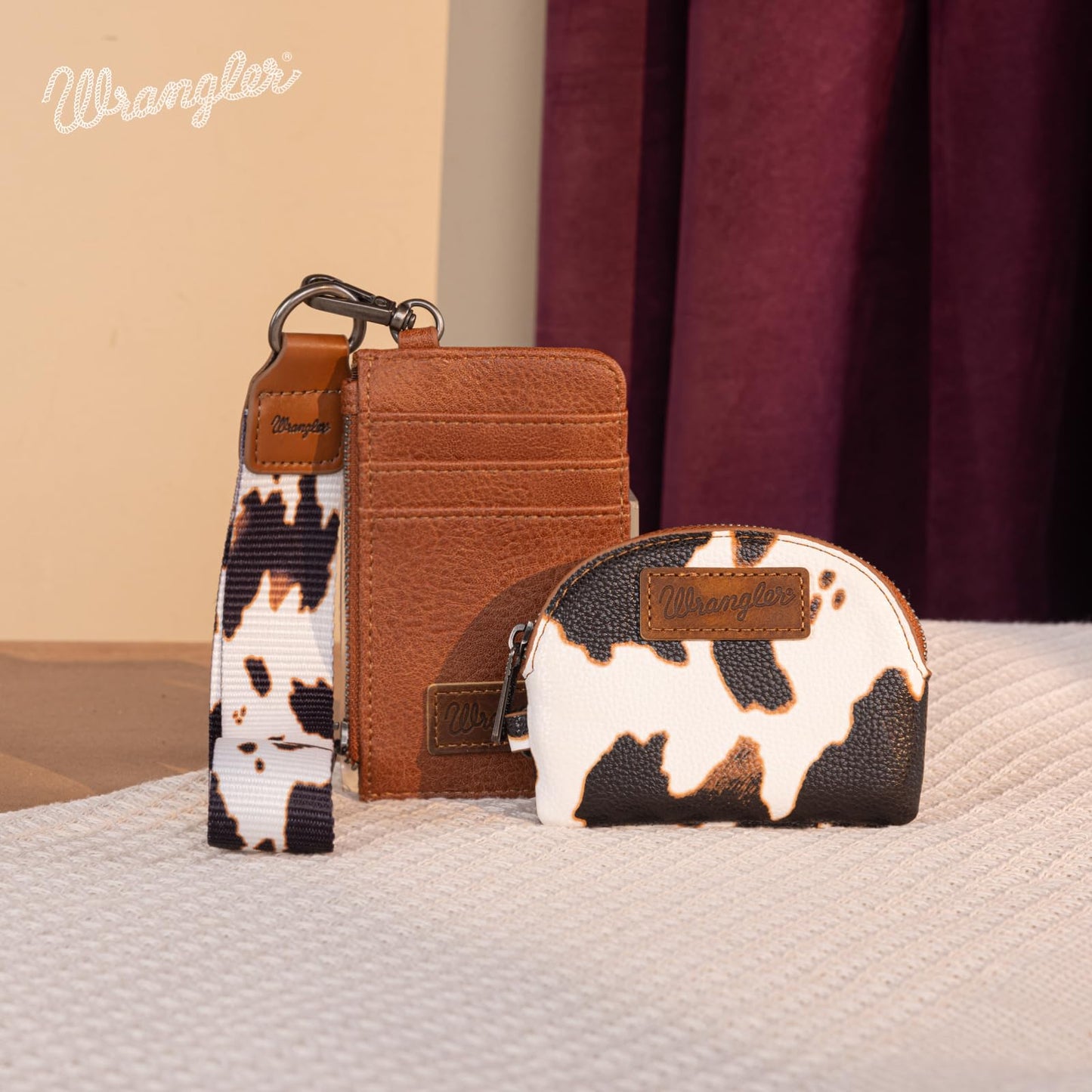 Montana West Wrangler Cow Print KeyChain Wristlet Wallets for Women Western Dual Pouch Wristlet Portable Credit Card Holder Wallet With Zipper