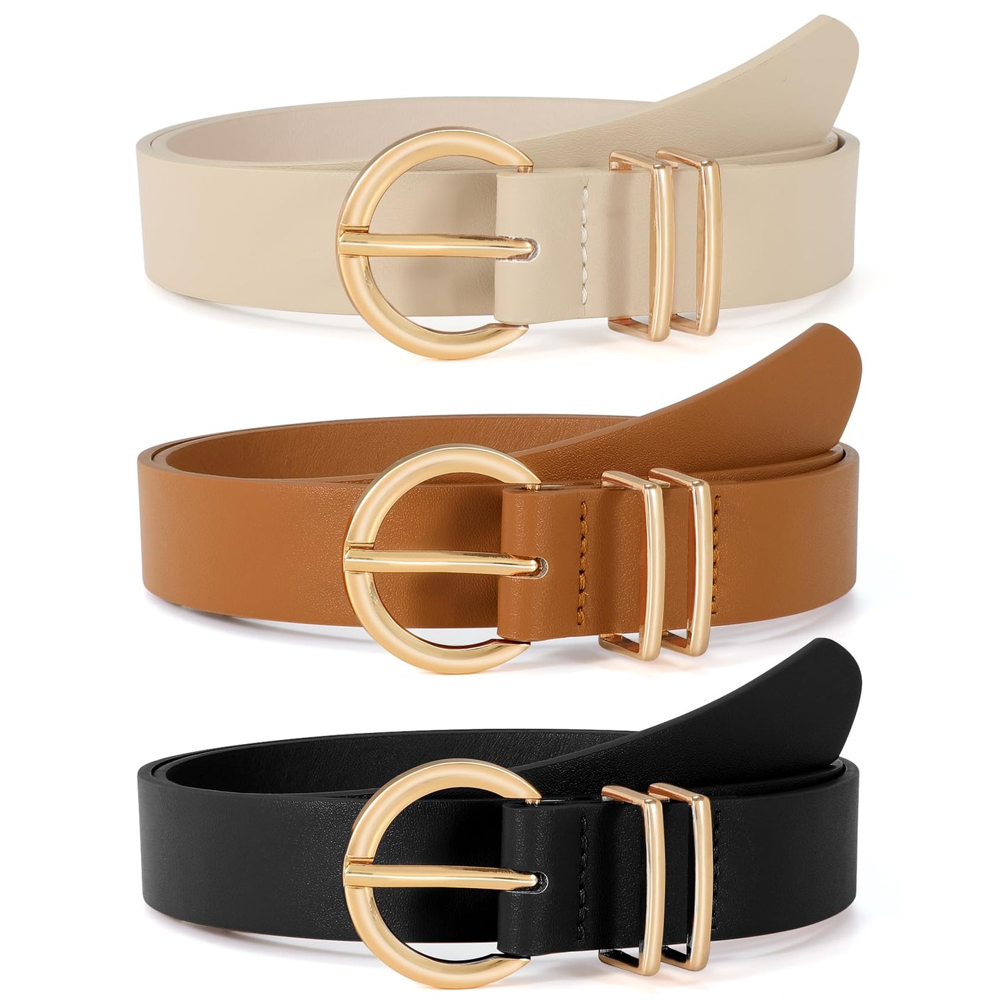 VONMELLI 3 Pack Women's Belts for Jeans Dresses Leather Belts for Women Ladies Waist Belt with Gold Buckle, Black Brown Beige S