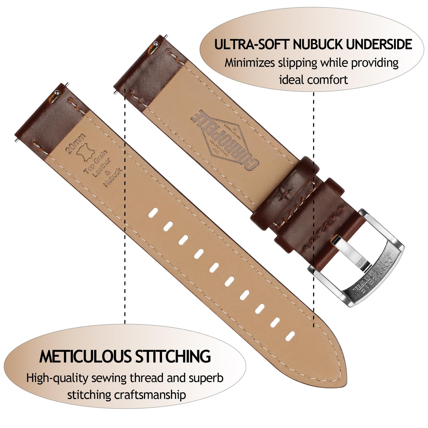 CORROPELLE Leather Watch Bands Quick Release, Elegant Top Grain Leather Watch Straps Band Replacement for Men and Women, Watch and Smartwatch, Choice of Width 18mm 19mm 20mm 21mm 22mm