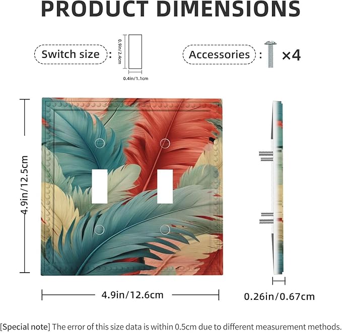 Colorful Feathers Blue Red Light Switch Covers Double Toggle 2 Gang Wall Plate Dual Decorative Switchplate Electrical Faceplate for Farmhouse Decor