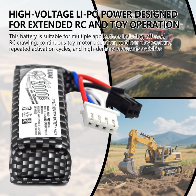 elxjarpower (4-Pack) 11.1V 2000mAh Li-Po Rechargeable Battery with SM2P Plug & USB Cable, Compatible with WPL RES V-3 ESC 1/16 RC Crawler, 501855 Soft-Gun & Water-Gun Toys
