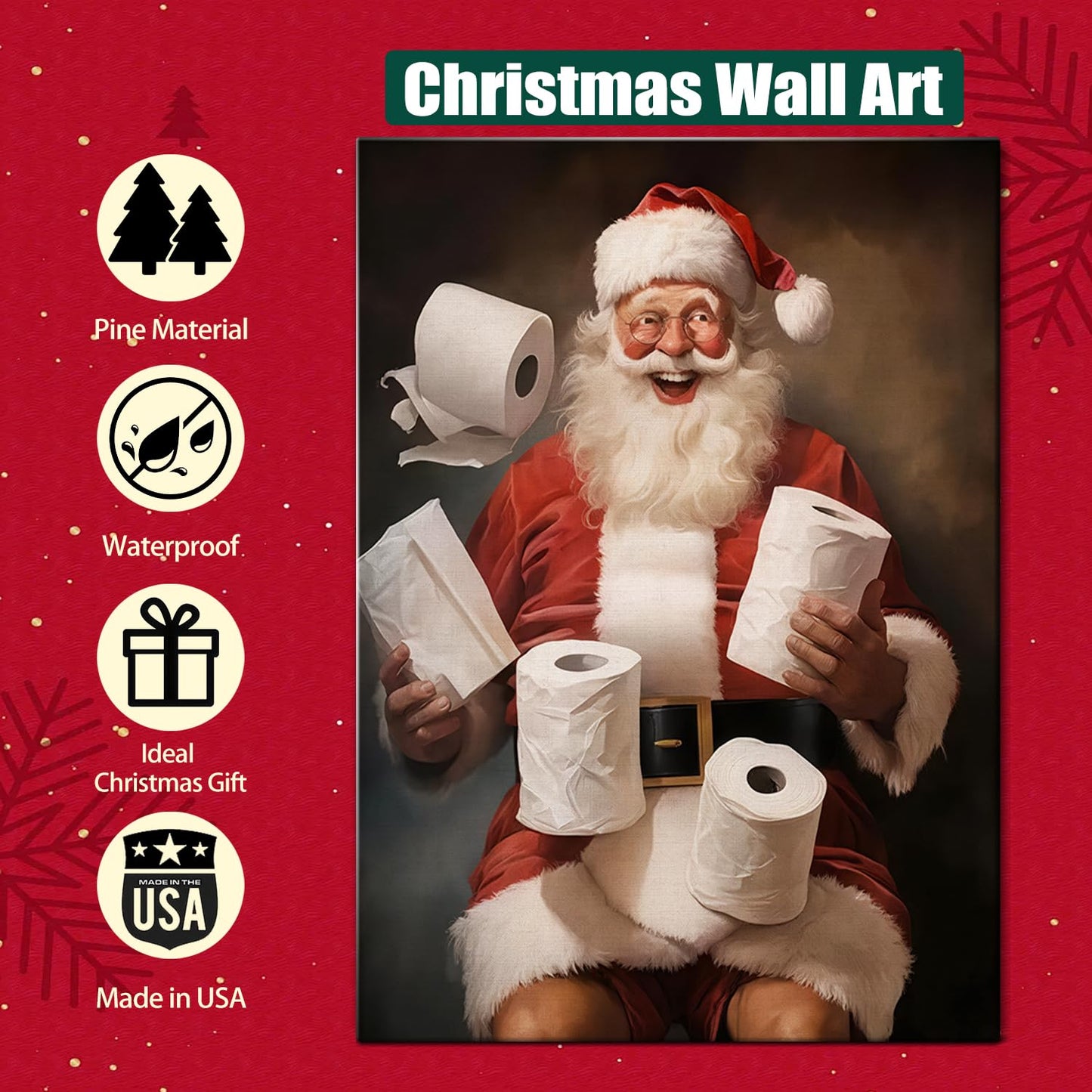 Funny Santa Christmas Canvas Wall Art for Bathroom, Humorous Framed Canvas Prints Ready to Hang, Unique Christmas Gifts for Home & Office Christmas Decorations