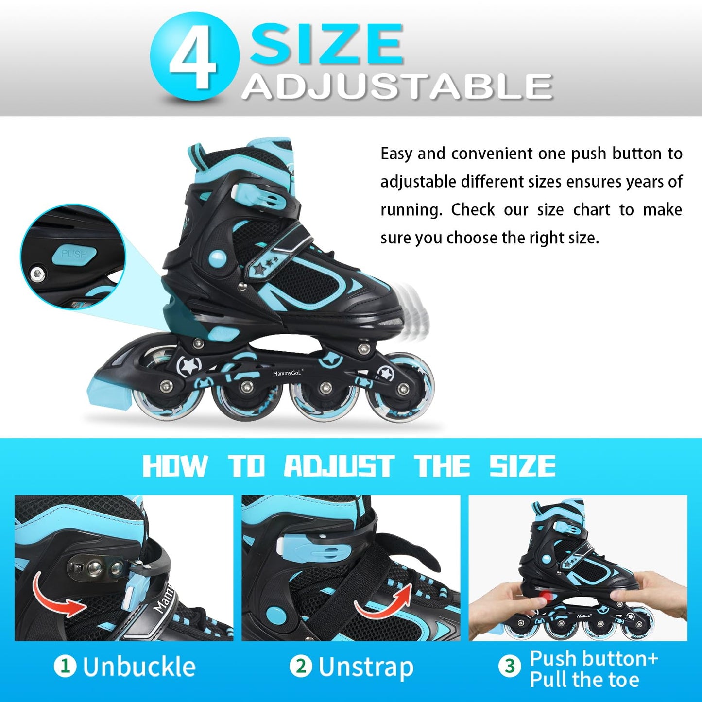 MammyGol Adjustable Inline Skates for Boys Girls Kids Youth with Light up Wheels, Teal Beginner Blades Roller Skates for Boys Size 10 11 12 13 Ages 6-12