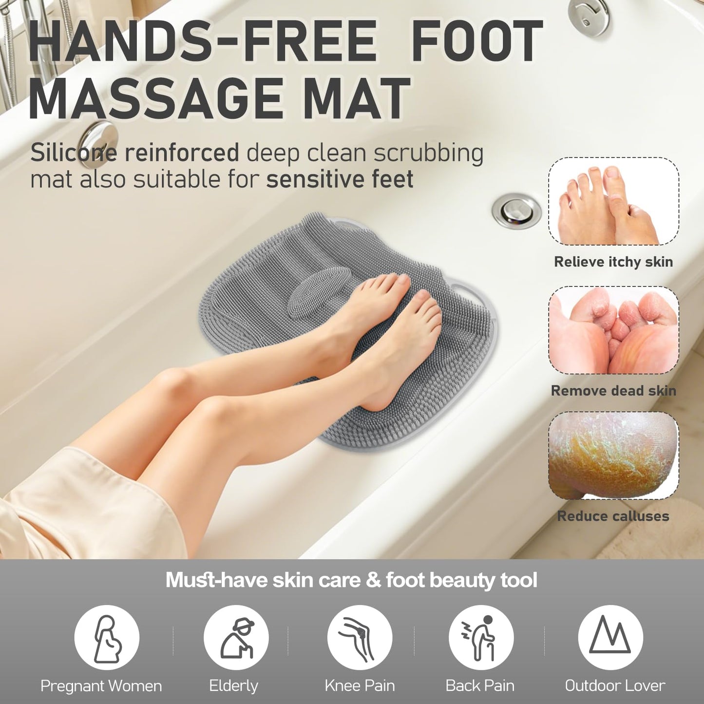 Mabnuby Shower Foot Scrubber Mat XL, Silicone Feet Toes Massage Cleaner -Upgraded Long Brush Pad Without Bending Non-Slip Suction Cups for Foot Bath Bathtub Exfoliate Smooth Skin 17.4x13 Grey