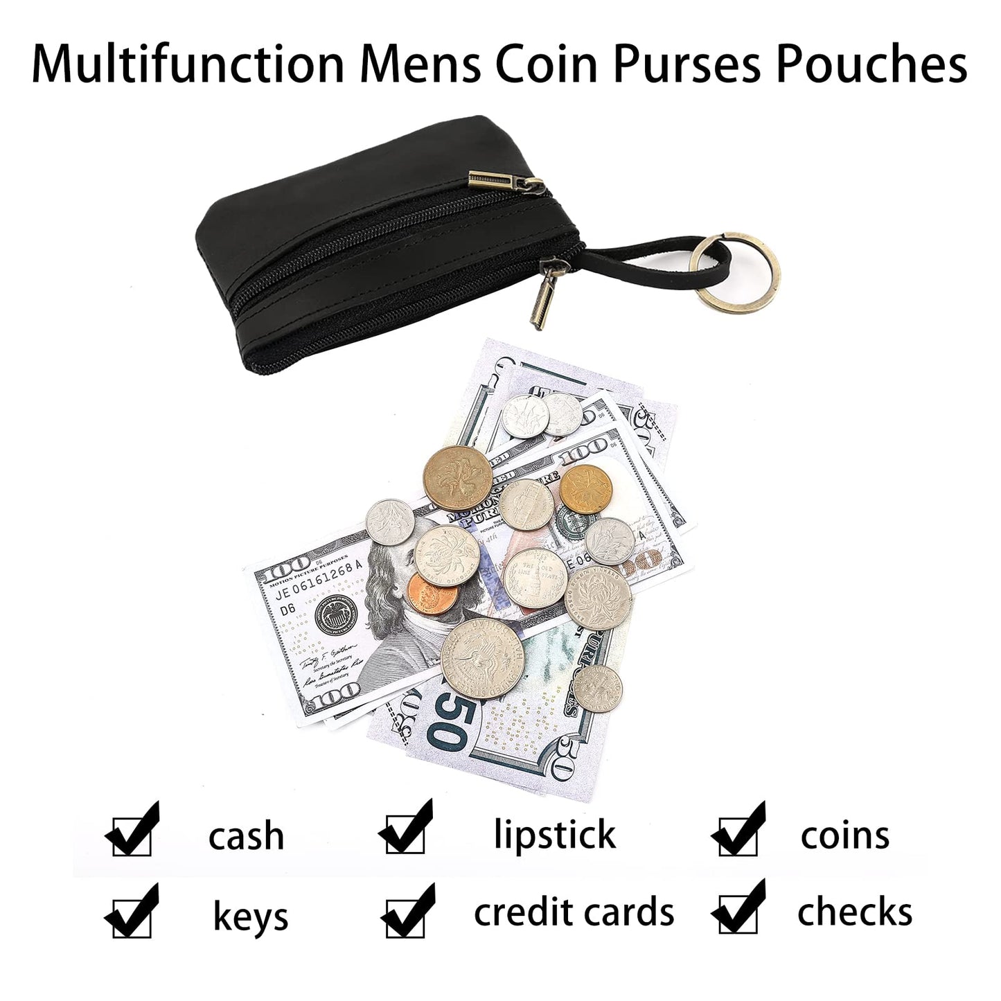 Coin Purse for Men,Coin Pouch with Zipper for Men Women,Genuine Leather Mini Coin Pocket Pouch Change Holder Mens Tray Purses Coin Purse Cash Change Wallet Key Holder Money Pouch