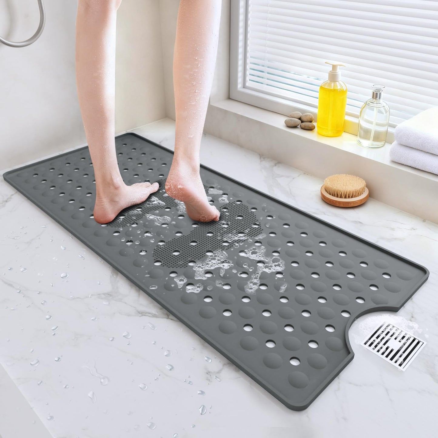 Bath Mat for Tub Non Slip, 35.4 x 15.7 inch Long Bathtub Mats with Suction Cups, Machine Washable Shower Tub Mat for Bathroom Floor and Tub, Soft Silicone Material, Foot Massage Area Design, Gray