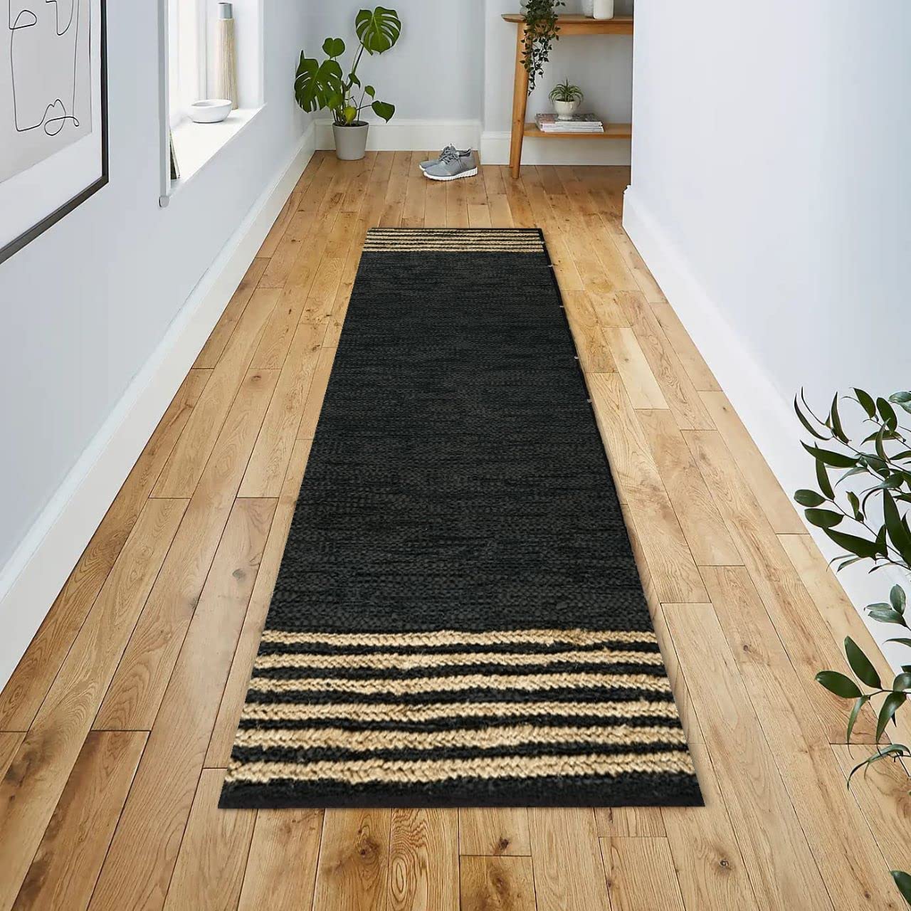 GRUHUM Jute Runner Rug 2'6"x 8' ft Natural Fiber Leather Black Jute Area Rug Handwoven Boho Farmhouse Braided Rustic Vintage Ecofriendly Indoor Rugs for Kitchen Living Room Bedroom Hallways Entryways