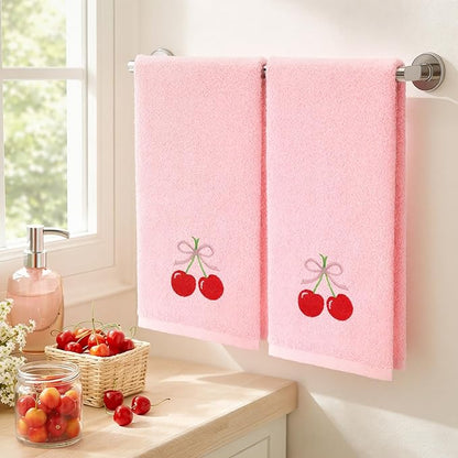2 Pcs Cherry Hand Towels Light Pink Bathroom Decor 14x29 Inch Embroidered 100%