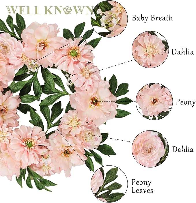 WELL KNOWN Artificial Silk Peony Flower Wreath, Fall Winter Wreaths for Front Door Porch, Wreath for Home Office Shops Wall Hanging Window Wedding Farmhouse Thanksgiving Party Decor (Blush Pink)