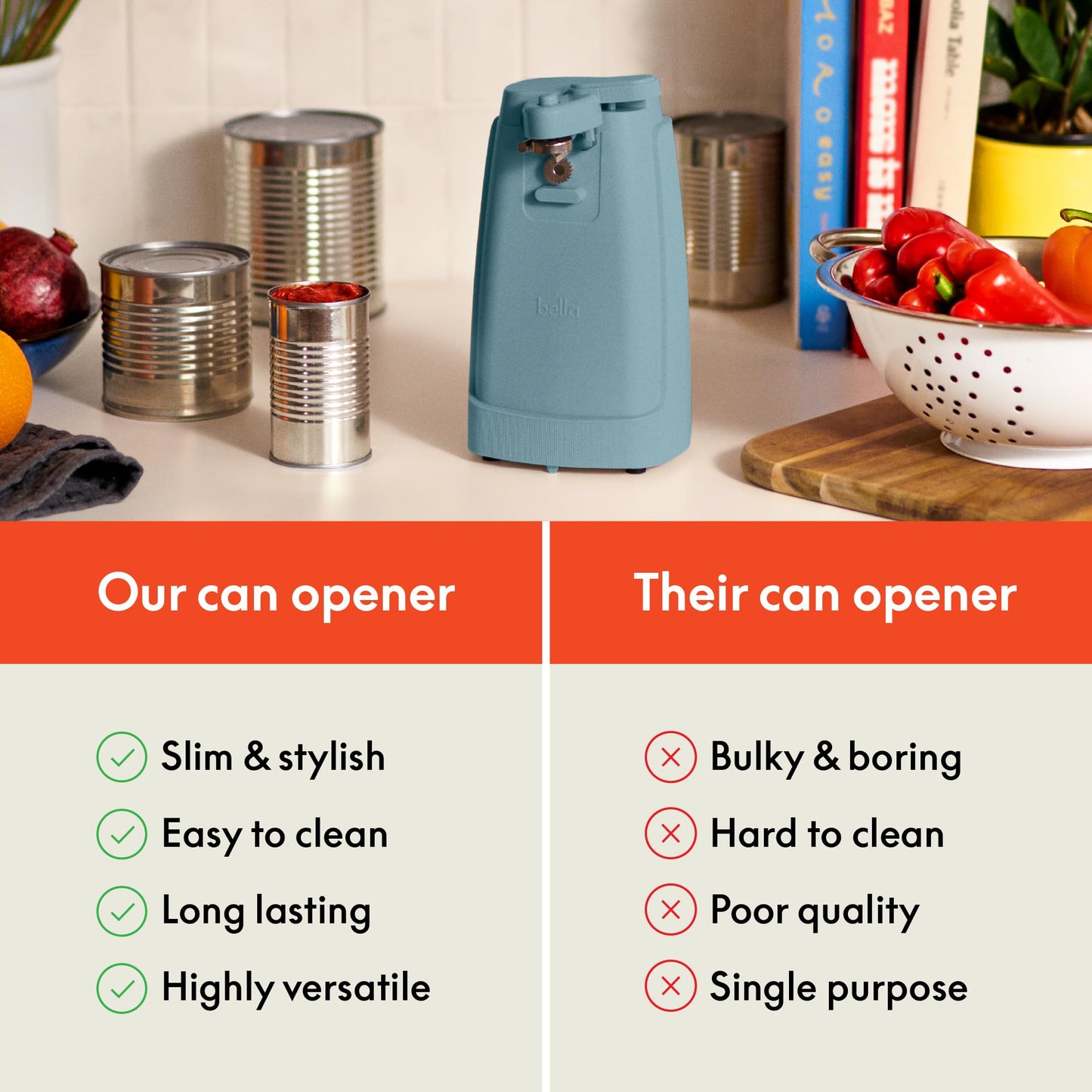 bella Electric Can Opener and Knife Sharpener, Multifunctional Jar and Bottle Opener with Removable Cutting Lever and Cord Storage, Stainless Steel Blade, Surf