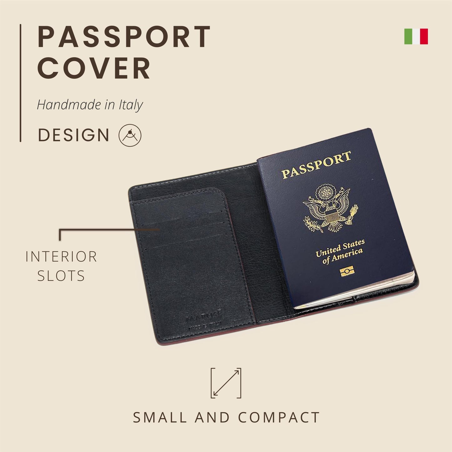 Maruse Italian Leather Passport Cover for Men and Women, Handmade in Italy, Black