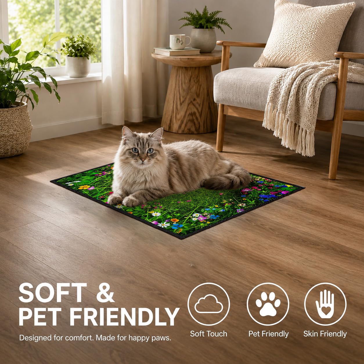 Green Grass Wildflower Door Mat for Indoor Entryway, 23.62 x 15.75 in Durable Faux Cashmere Polyester Rug, Non Slip Welcome Mat for Front Door Bathroom Kitchen