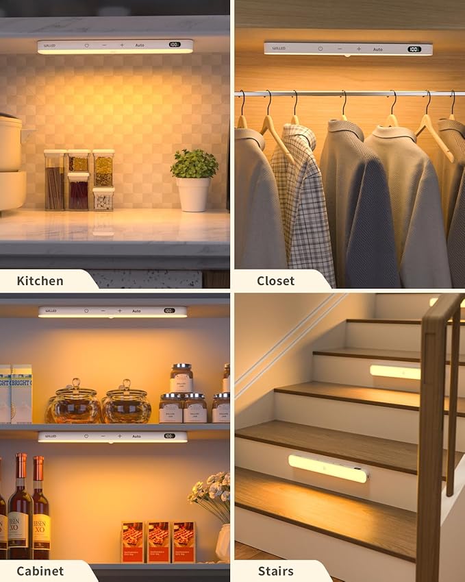 WILLED 3000K Closet Lights Motion Sensored, Battery Display, 60 LED Touch Light Bar, Motion Sensor Light Indoor, Under Cabinet Lights Rechargeable, Stick on Lights for Closet, Kitchen, Hallway, 2 Pack