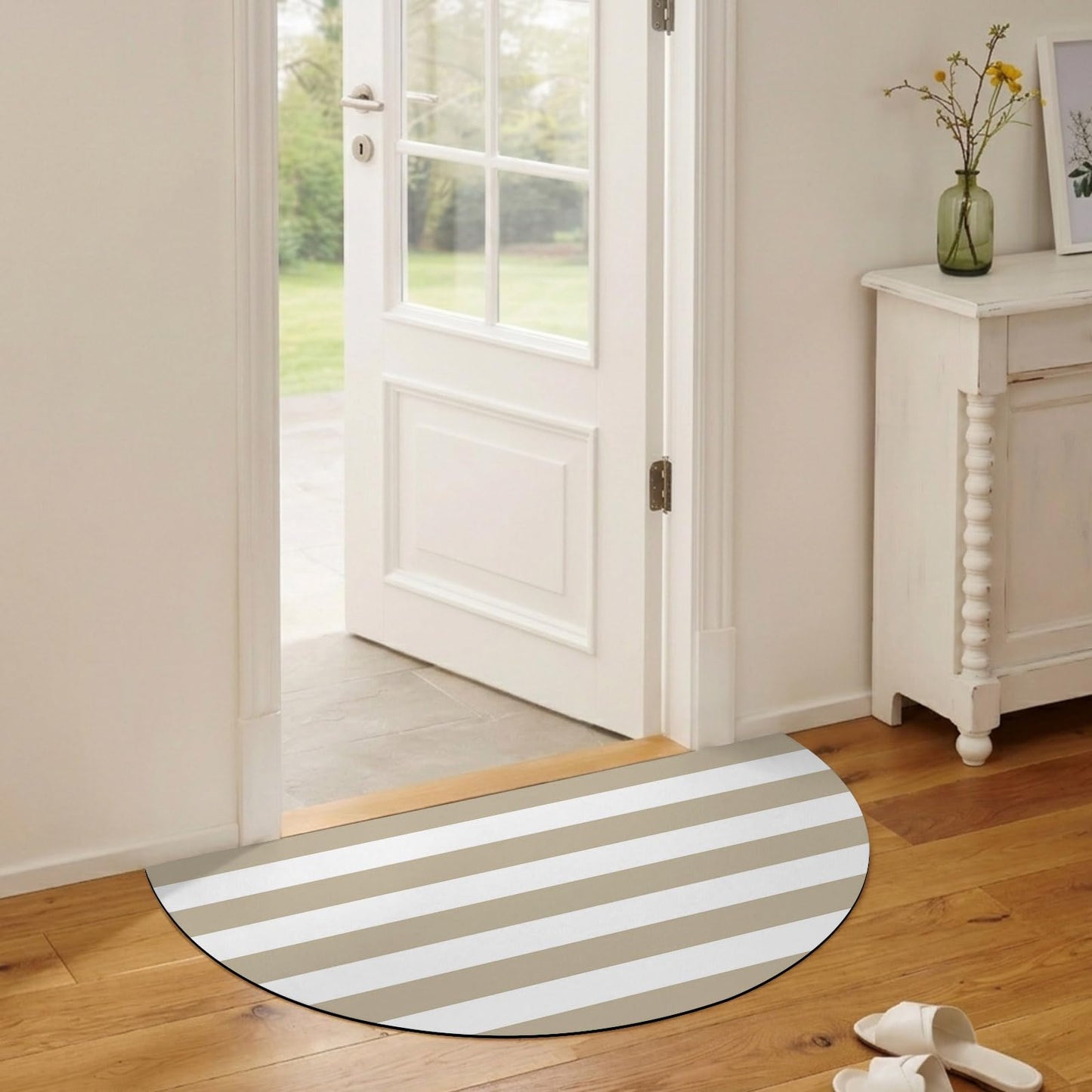 Half Circle Bath Mat Classical Stripe Semicircular Doormat Soft Non Slip Absorbent Quick Dry Diatomite Stone Area Rugs Khaki Drying Shower Mat for Bathroom Floor Bathtub Entryway Porch Kitchen 18"x30"