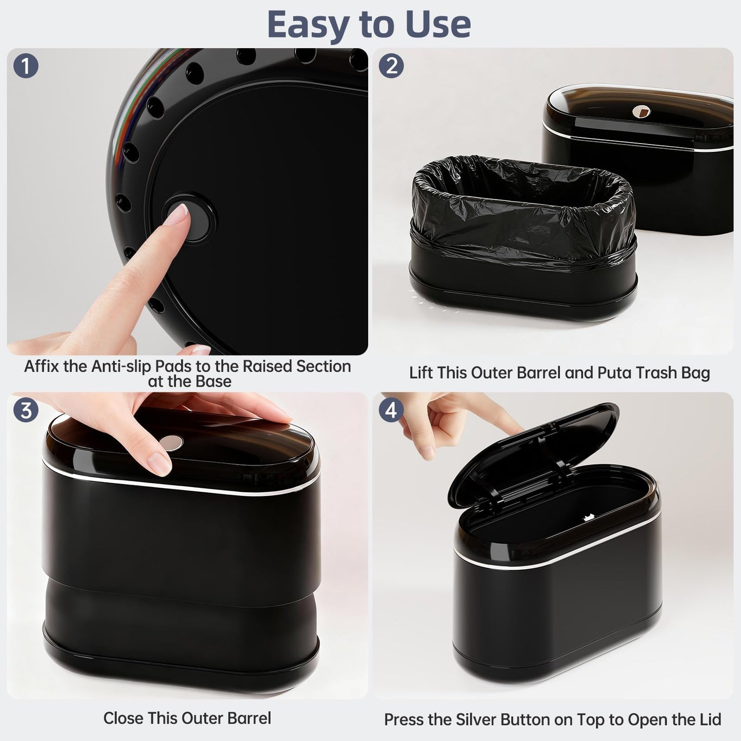 PAVSTINE Mini Trash Can for Desk with 5 Rolls of Trash Bags, Small Press-Top Countertop Garbage Bin, Removable Waste Basket for Bedroom, Vanity, Coffee Table, Kitchen (Black Full-Lid)