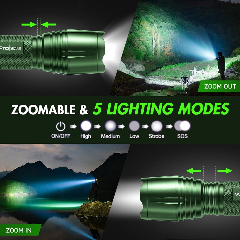 WdtPro LED Flashlight High Lumens SR2000 Pro, 2 Pack Brighter Tactical Flashlights with 5 Modes & Zoomable, Powerful Mini Flash Light for Emergency, Camping, Hiking (Green)