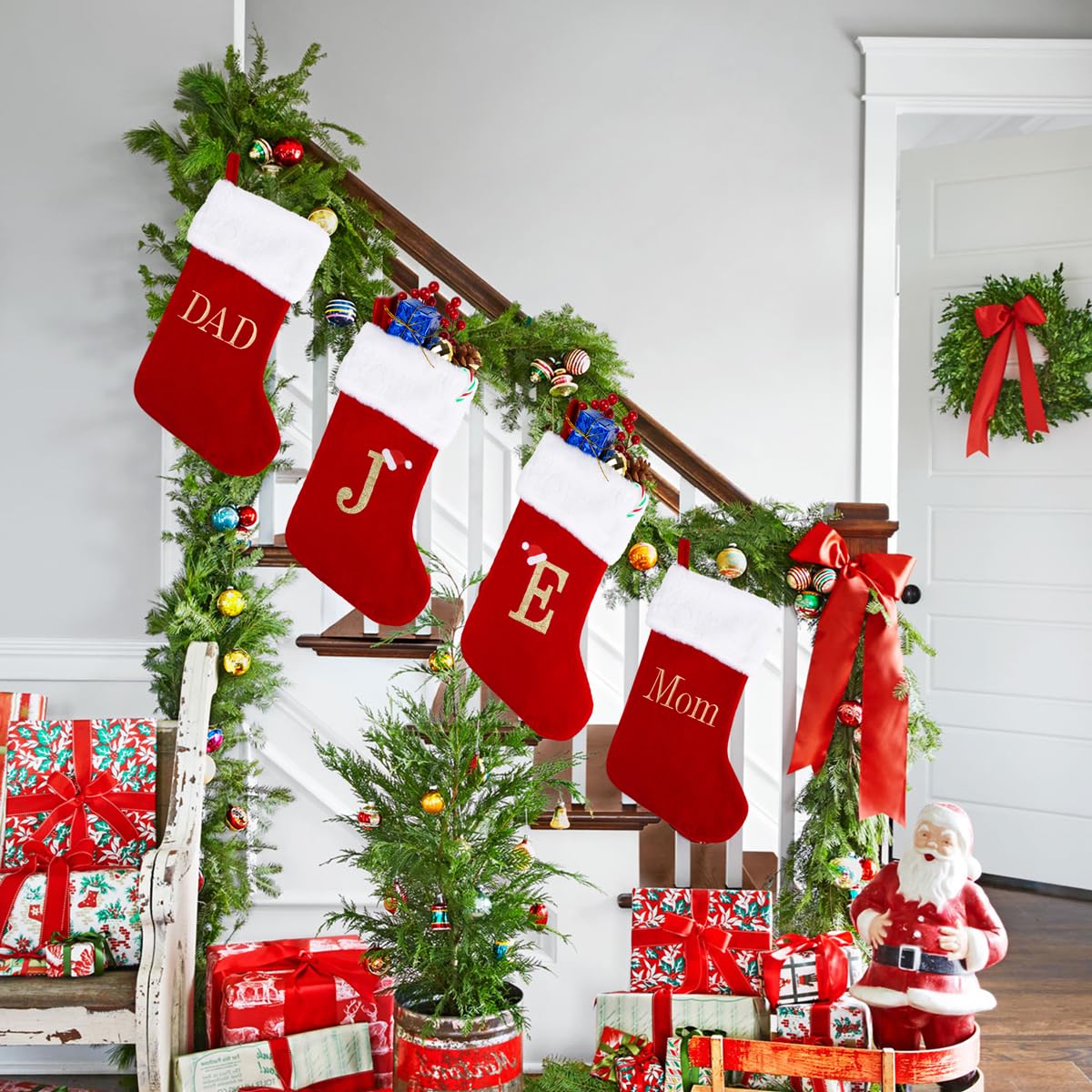 20 Inches Monogram Christmas Stockings with Mom Letters, Large Super Soft Christmas Stockings Red Velvet with White Super Soft Plush Cuff for Christmas Xmas Tree Holiday Fireplace