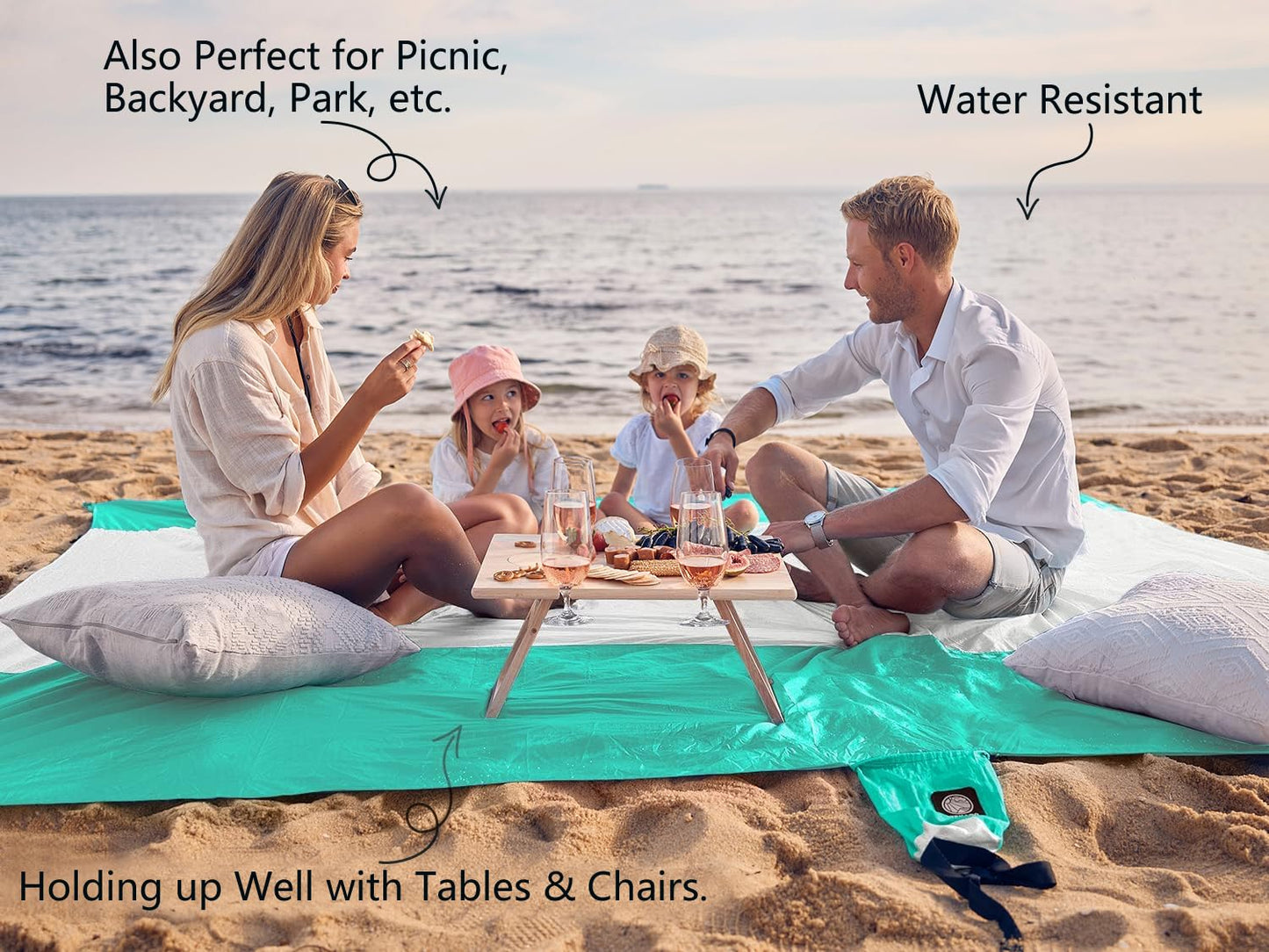 WEKAPO Beach Blanket - Sandproof Waterproof Extra Large Beach Mat | Oversized Sand-Free Lightweight Quick-Drying | Beach Vacation Essentials with Stakes & Corner Pockets (Turquoise, 7x7 FT)