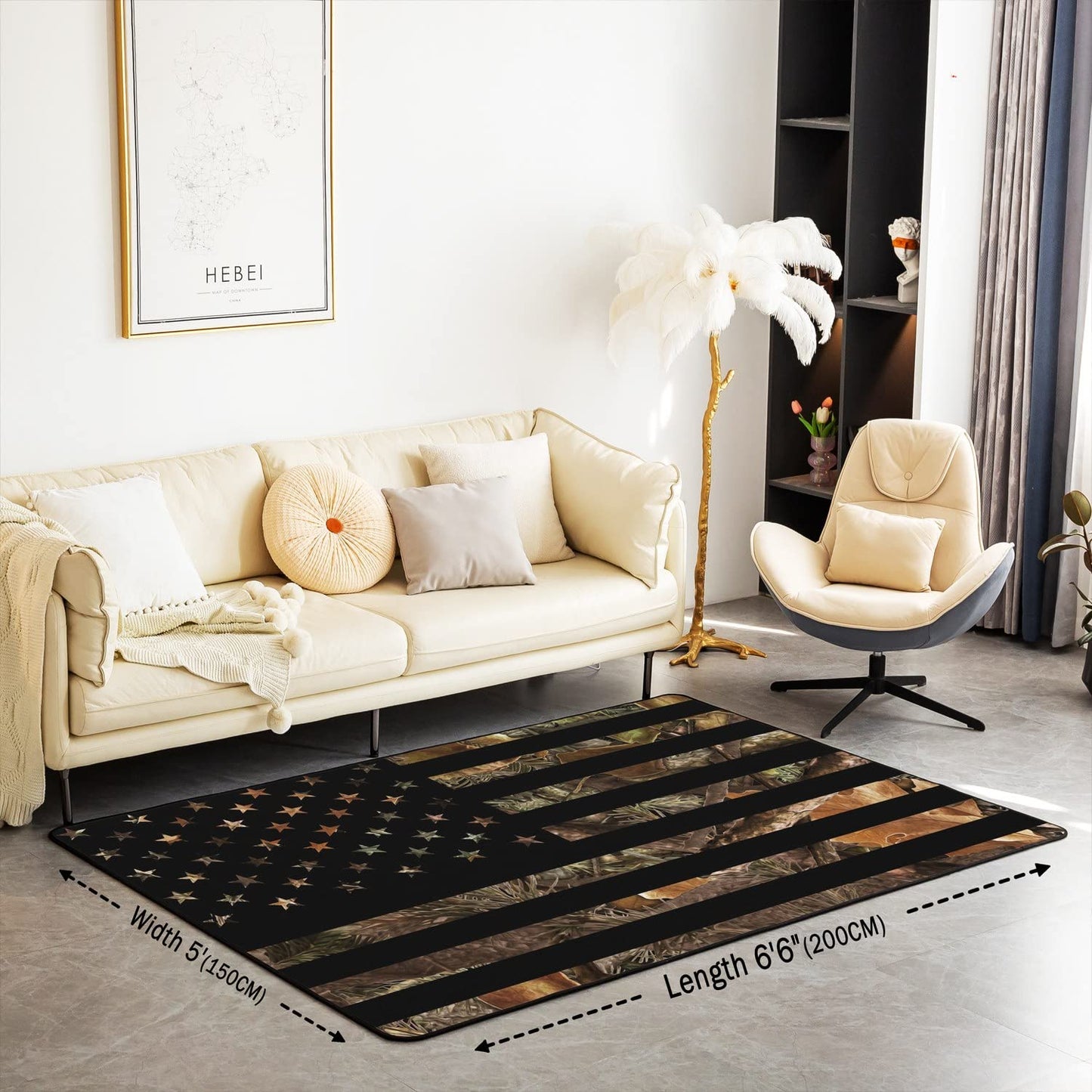 American Flag Camo Rug, Rustic Tree Leaves Camouflage Area Rug 5x6'6'', Military Hunting Carpet for Boys Teens Kids Man, Nature Conifer Oak Branches Non Slip Living Room Rugs