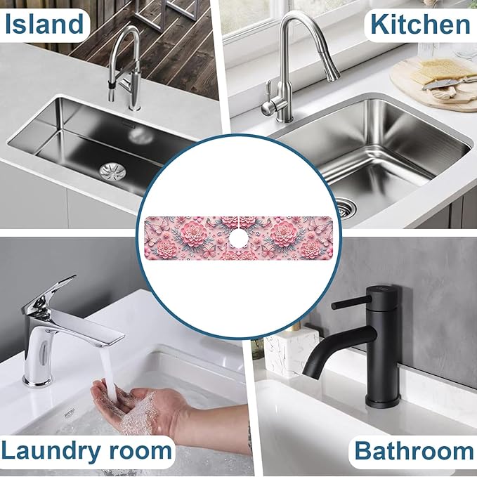 Pink Floral Sink Splash Guard Faucet Mat Flower Butterfly Super Absorbent Fast