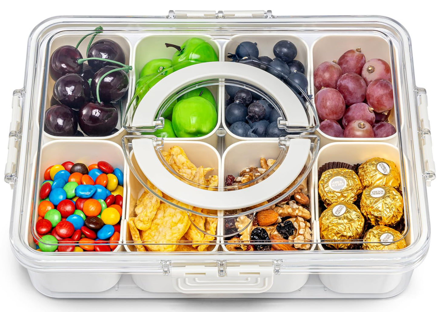 Pure Future Air-Tight Snackle Box Container –Divided Serving Tray with Lid & Handle–Clear Snack box for Fruits, Candy & Nuts–Portable for Travel & Daily Use (8 Inside Containers Dishwasher Safe)