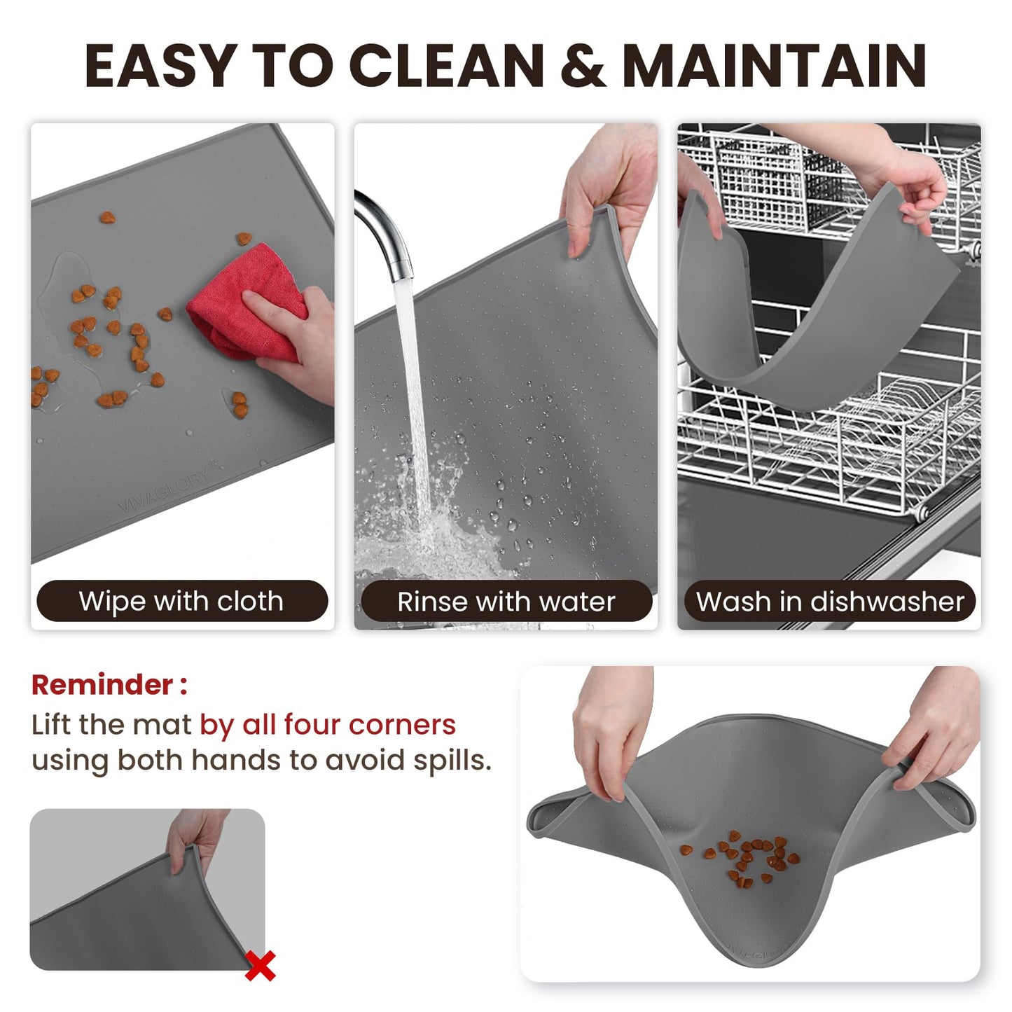 VIVAGLORY Dog Bowl Mat Grippymat Pet Food Mat, Waterproof Washable Nonslip Silicone for Pet & Cat, Food and Water Placemat with Lip & Raised Edges for Indoor Floor, S, Grey