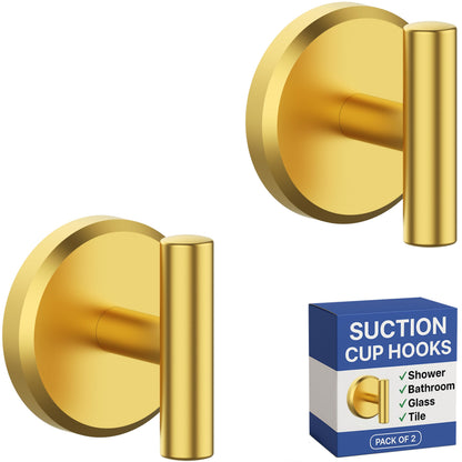 HOME SO Suction Cup Hooks for Shower & Bathroom Towel Holder 2-Pack – Suction Cups Hooks for Hanging Towels, Robes, & Coats - Tiles, Glass Door or Mirror – Shower Hooks & Towel Hooks - Gold T-Shape