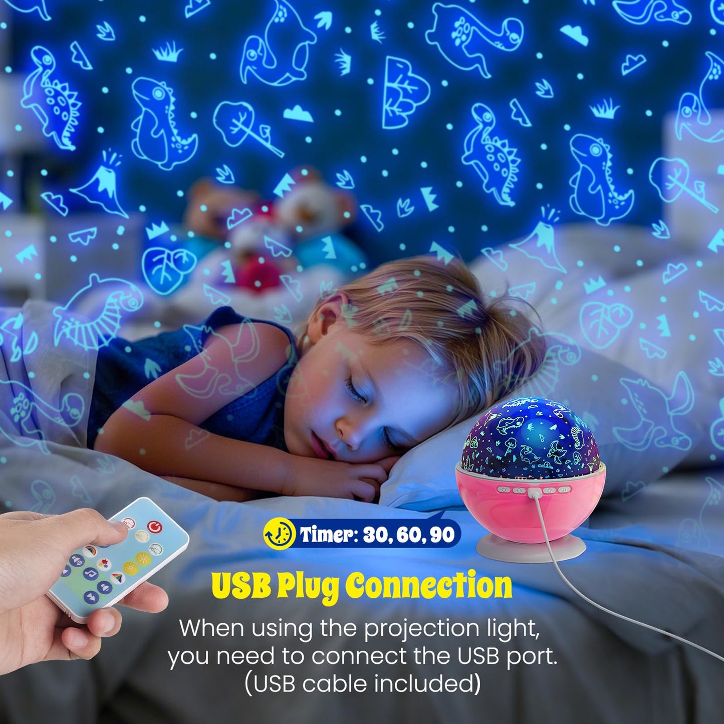 Night Light Projector,Night Light for Kids Room with Remote and Timer,360° Rotation,3 Projection Films,18 Light Modes,8 Lullaby Songs,Kids Night Lamp, Christmas Birthday Gifts for Boys Girls (Pink)