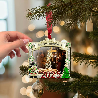 2025 Christmas Tree Ornament Picture Frame Ornament - Made of Zinc Alloy Glitter Powder Pendant 3x2.5 Inch Picture Frame for Pet and Baby Holiday Keepsake Gift (Snowman,Golden)