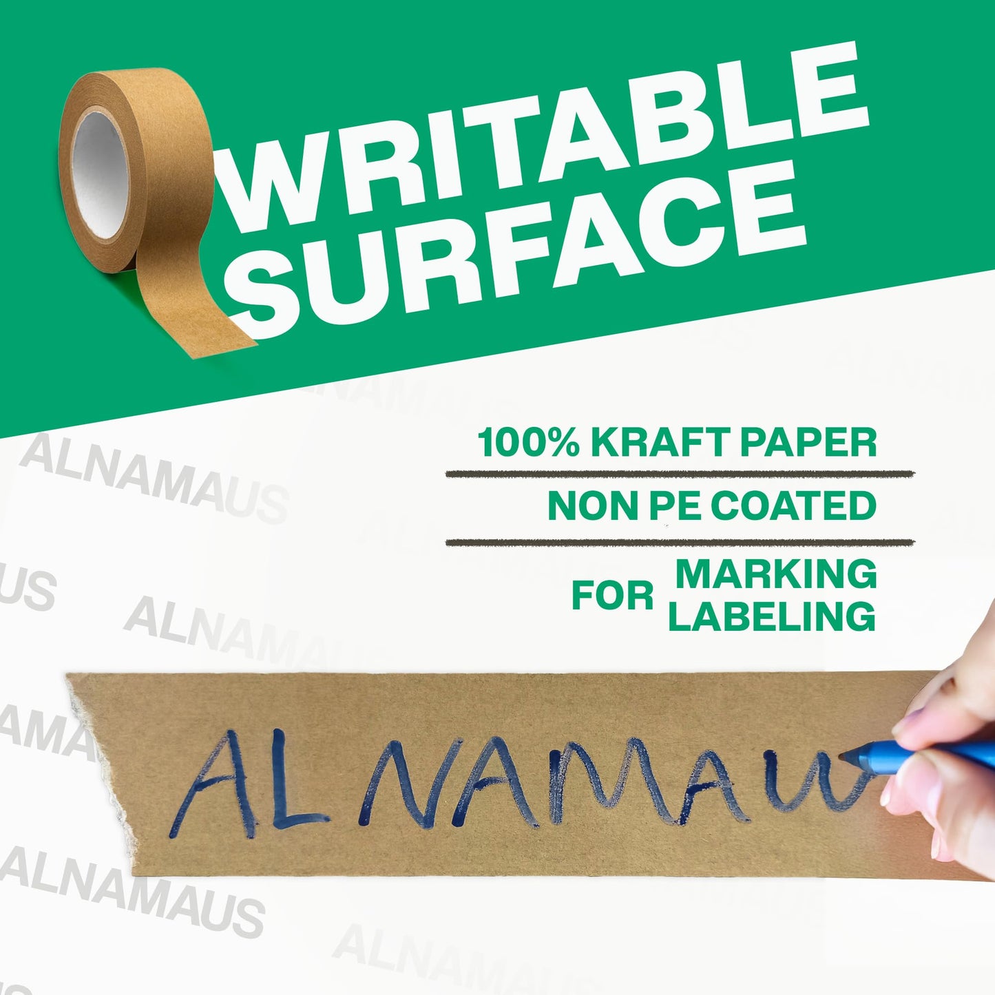 ALNAMAUS 3 Rolls 2 Inch 58 Yards Each (174 ft) Brown Kraft Paper Packing Tape, Heavy Duty, Writable & Hand-Tearable, Eco-Friendly, Great for Moving Boxes, Masking, Sealing & Frame Painting