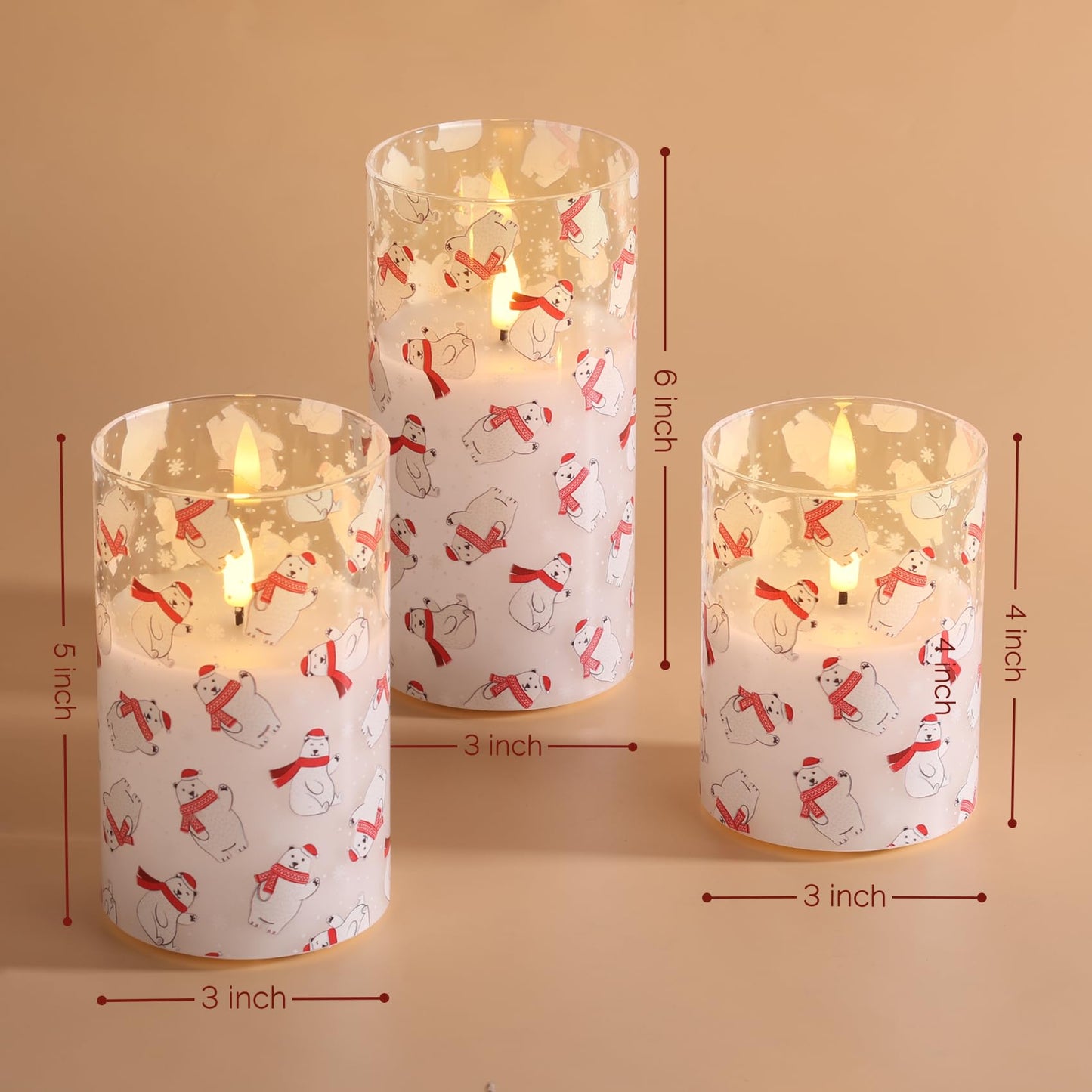 Eywamage Christmas Glass Flameless Pillar Candles with Remote, Flickering LED Battery Candles Bear Holiday Winter Table Decor Gift Set of 3