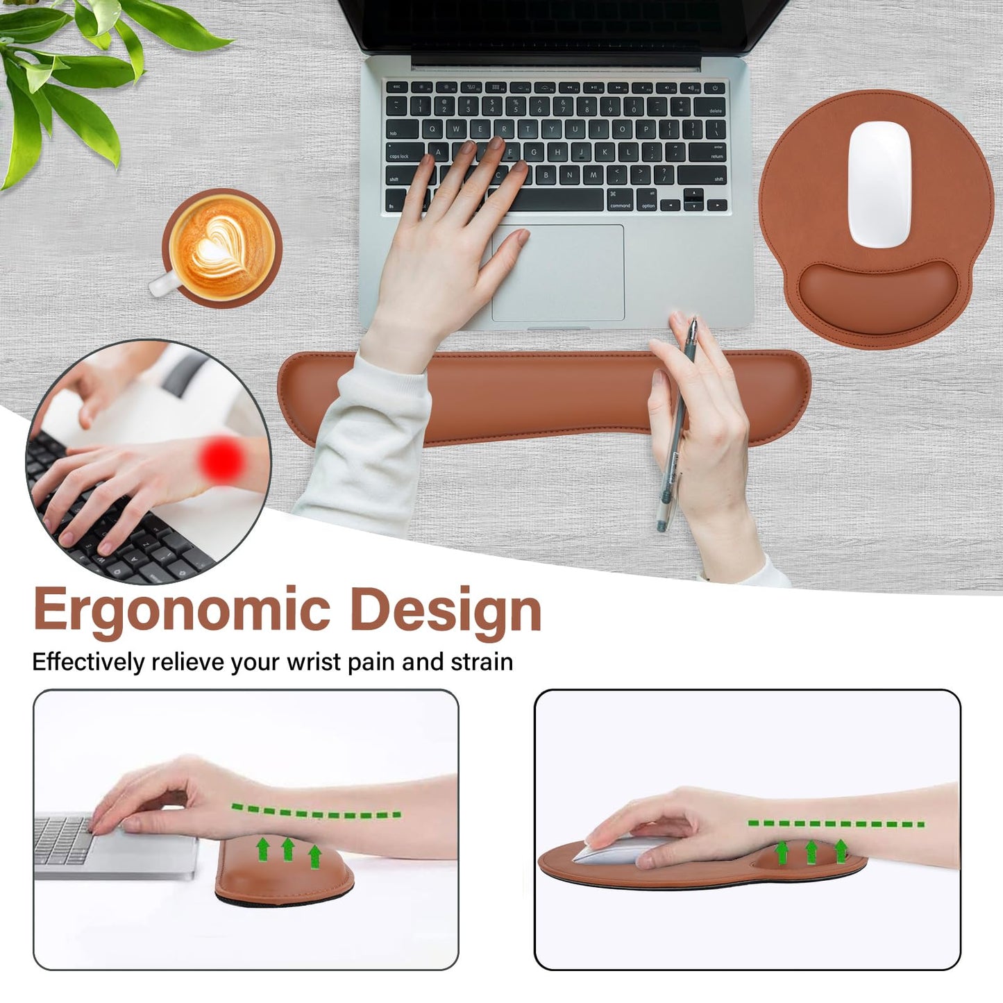 MOSISO Wrist Rest Support for Mouse Pad & Keyboard Set, Ergonomic PU Leather Keyboard and Mousepad with Wrist Rest&Coaster Non-Slip Base Home/Office Easy Typing Cushion with Raised Memory Foam, Brown