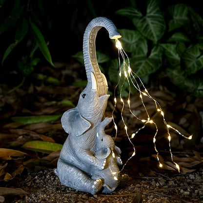 Elephant Statue with Solar Watering Lights, Outdoor Garden Decor for Patio, Yard, Lawn, Unique Gifts for Women, Mom – Resin Elephant Sculpture (Grey Two Elephants)