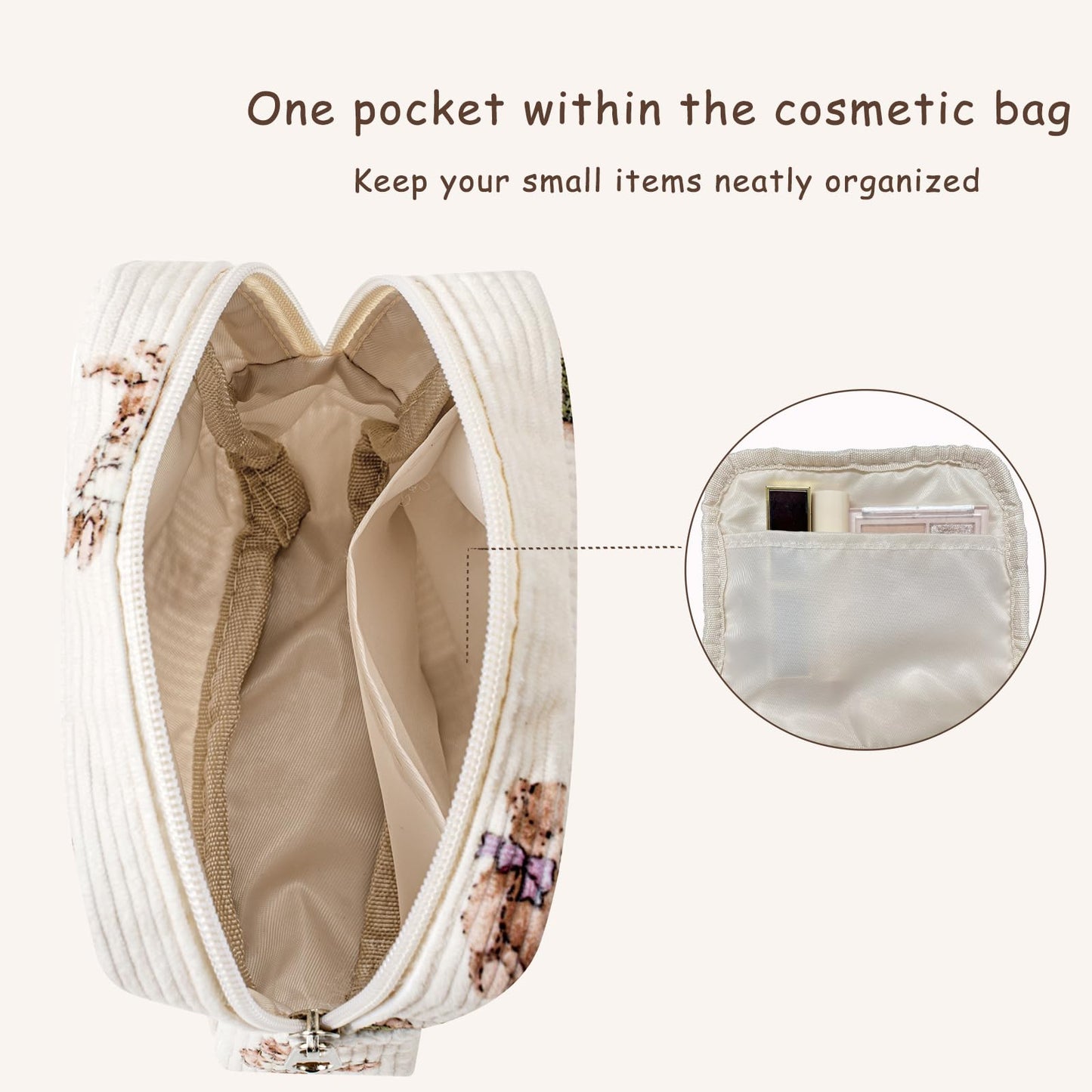 Cute Small Corduroy Zipper Makeup Bag, Mini Coquette Aesthetic Pouch with Bear Pattern for for Purse,Key Pocket Lipstick Bag Card Holder Data Cable Organizer for Women Girls (02Biege Bear)