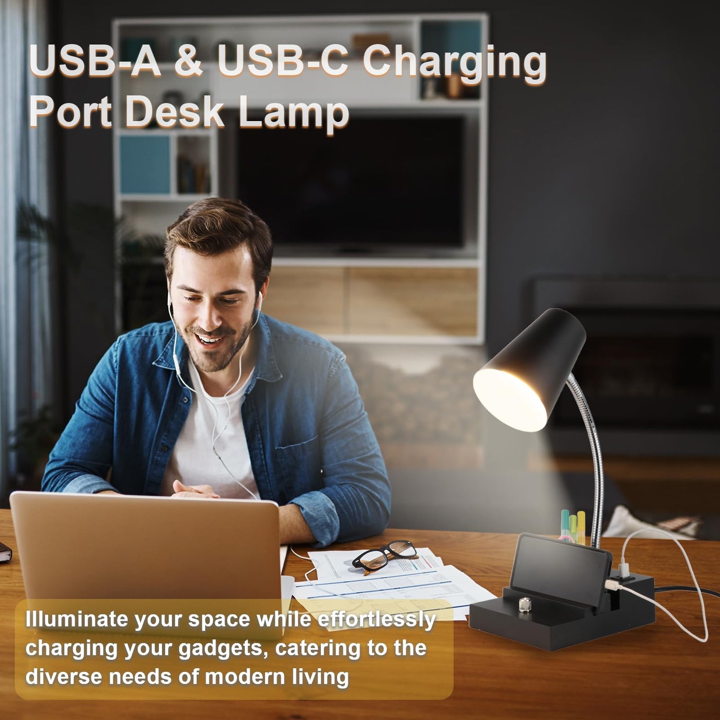 LALISU Study Desk Lamp with USB Charging and Type-C Night Light, Gooseneck LED Table Lamp Stepless Dimming Study Table Lamp with Pen Holder for College Dorm Bedroom and Office (Black)