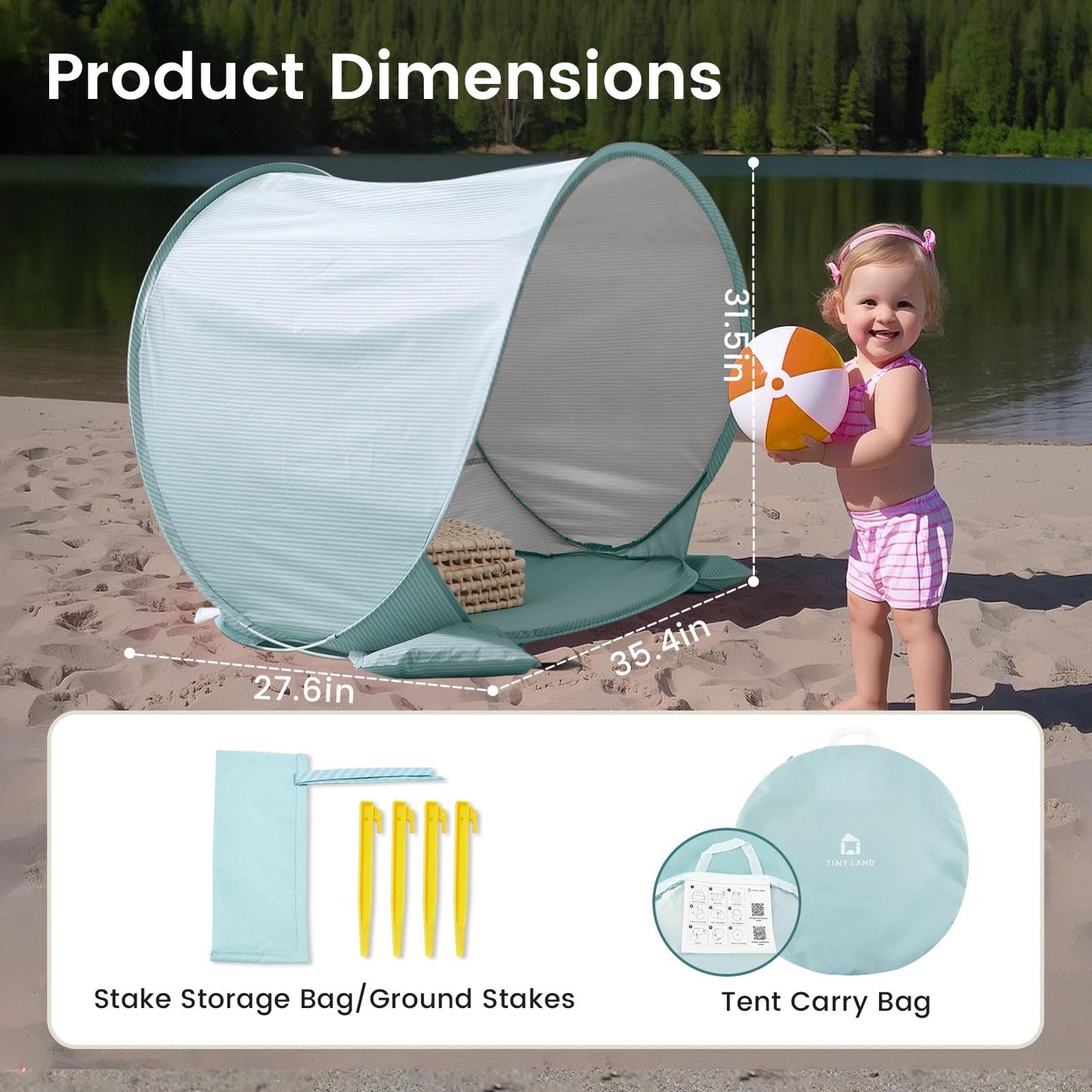 Tiny Land Baby Beach Tent – Pop Up Baby Tent with UV Protection, Portable Baby Beach Essentials, 35.4"x27.6"x31.5" Sun Shelter for Infants, Baby Outdoor Use (Pastel Aqua)