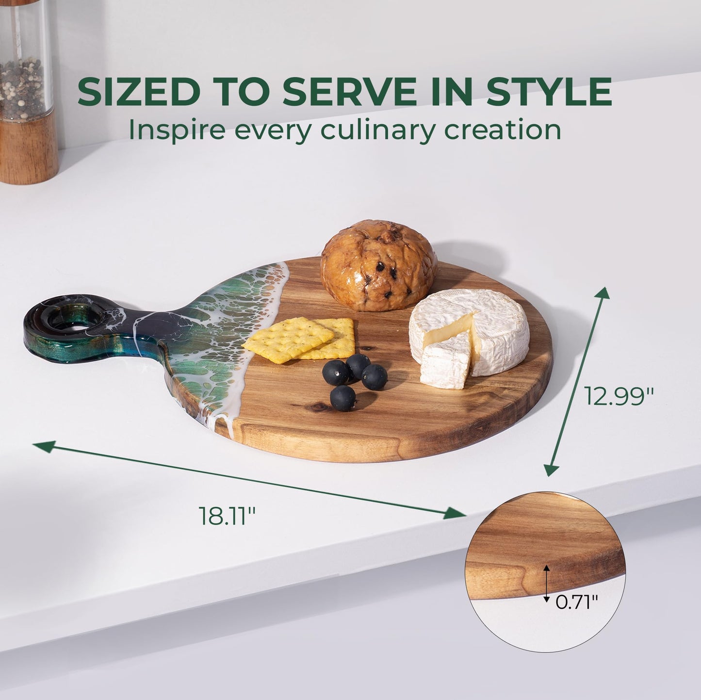 VWOOX Acacia Wood Serving Board with Ocean Resin Art, 18.1" x 13" Charcuterie Cheese Tray for Display & Prep, Cutting Board on Back, Includes Stand & Loofah, Christmas Housewarming Gift (Round)