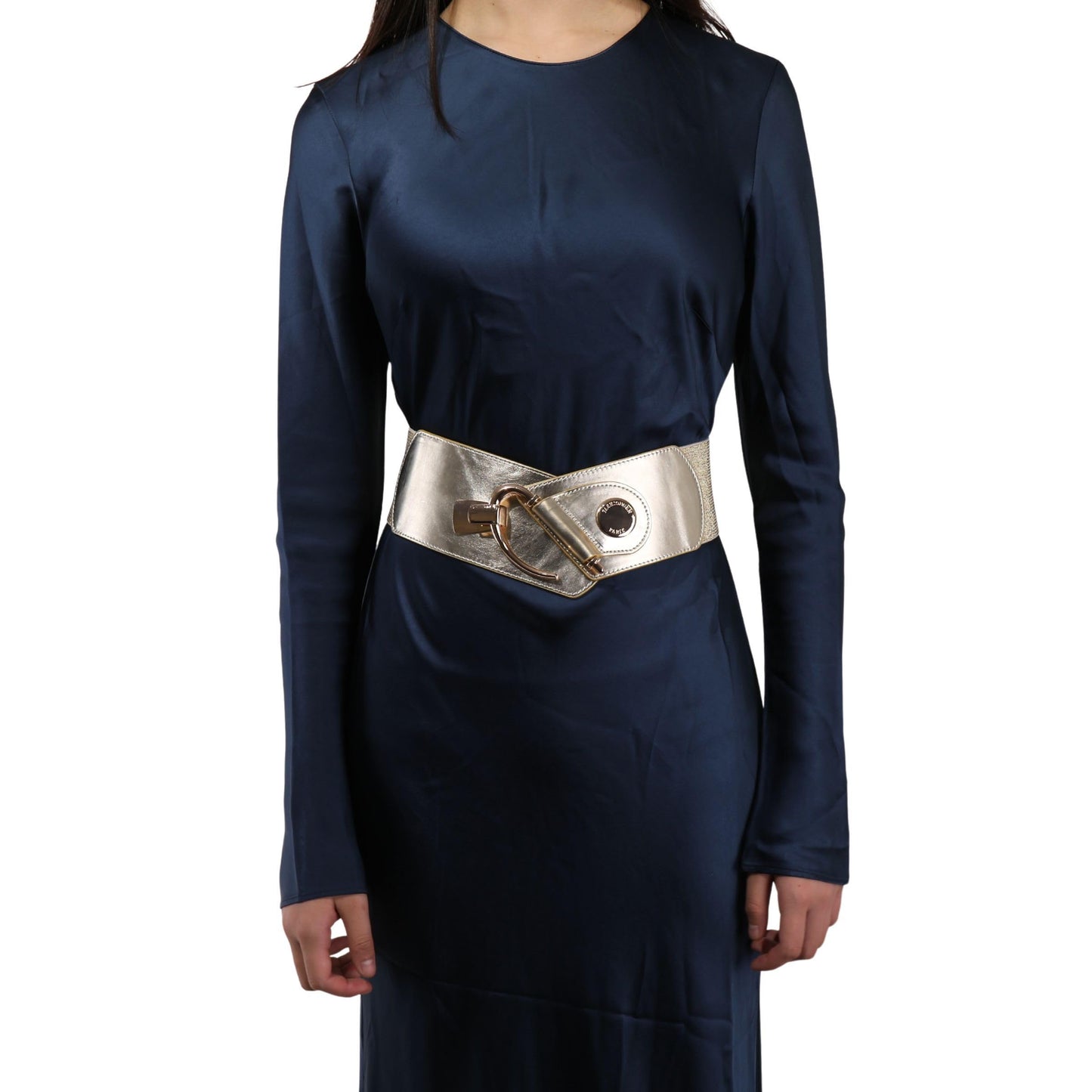 FASHIONGEN - Cowhide leather elastic belt for women, DARLENE - Golden, X-Large/waist size 34 to 36