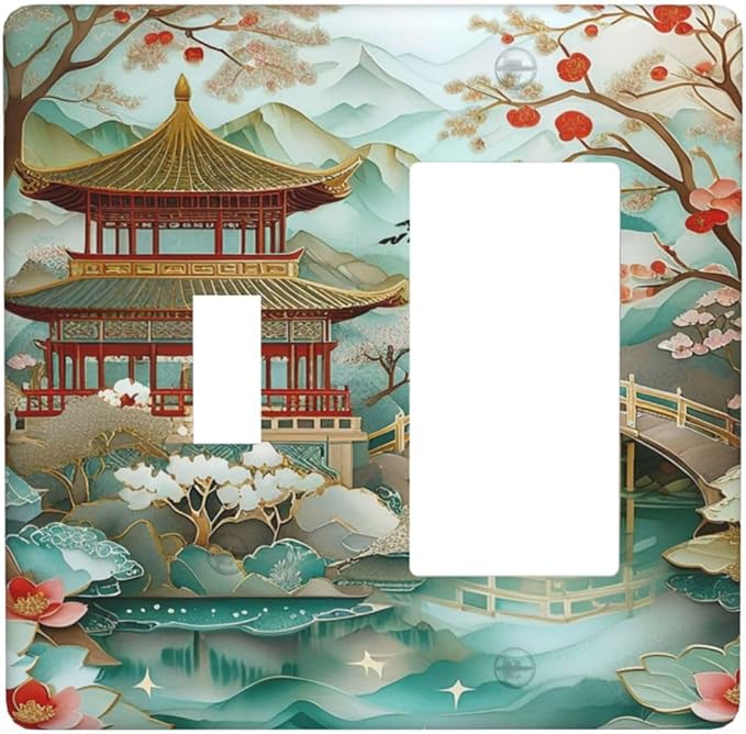 Asian Pagoda, Architecture, Traditional Bridge, Cherry Blossoms, Ornate, Watercolor Effect, Mountains