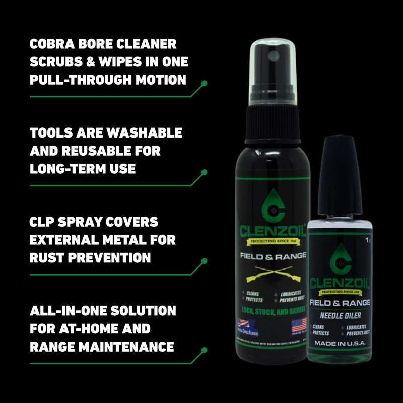 CLENZOIL Field & Range Pistol & Rifle Essentials Gun Cleaning Kit | CLP Spray & Oiler with Bores Cleaner | Clean, Lubricate & Protect | Nylon Brush, Bore Swabs & Microfiber (9mm | 38 Caliber)