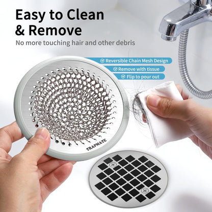 TRAPMATE Shower Drain Cover, 2PCS Prevent Clogging Shower Drain Hair Catcher, Non-Slip Stainless Steel Drain Protector, Patented Bathroom Accessory for US Standard Flat Drains of Bathroom