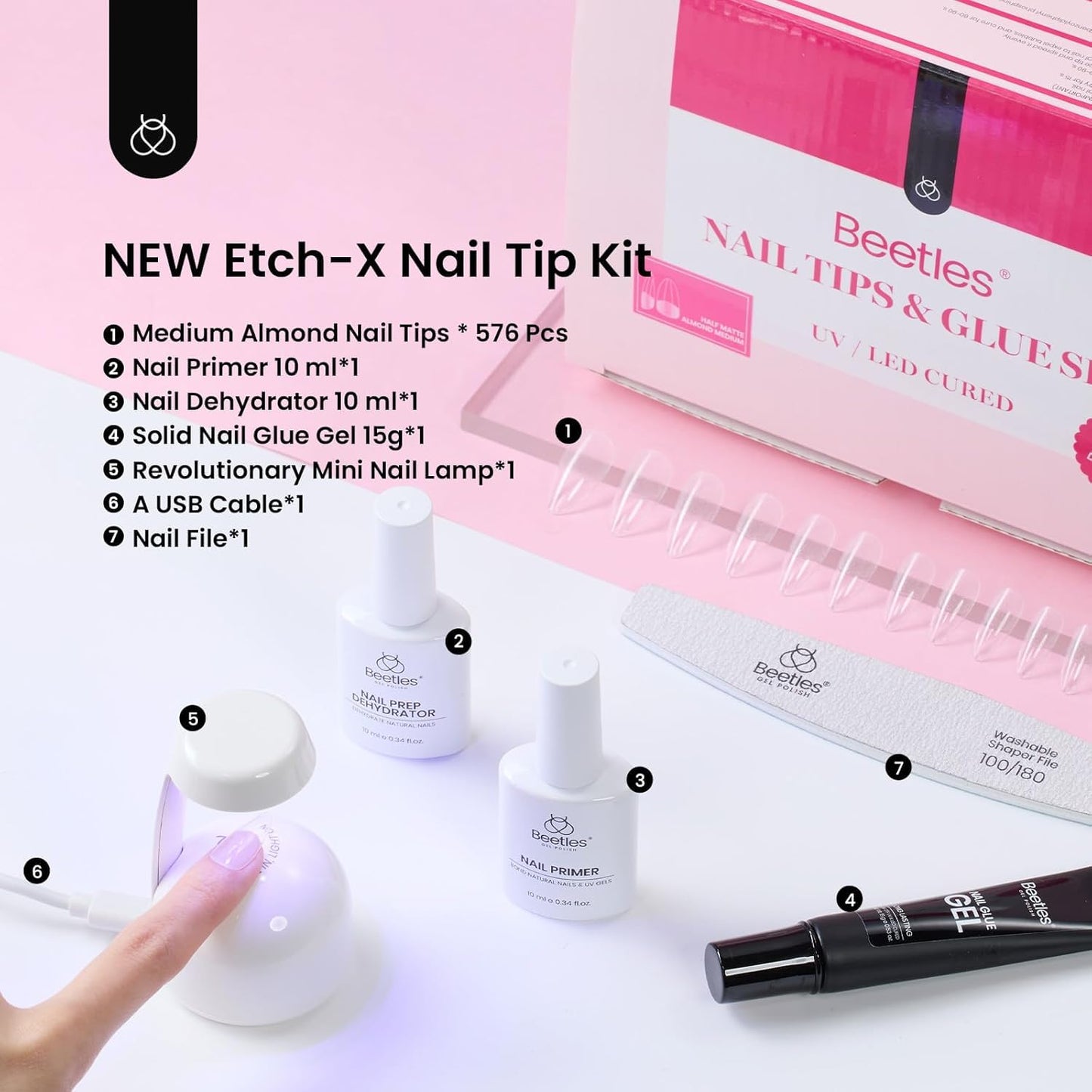 Beetles Gel Nail Kit Short Almond with Nail Dehydrator and Primer, 576Pcs Half Matte Etch-X Gel Nail Tips Solid Nail Glue Mini Nail Lamp Acrylic Nail Tips Easy DIY Nail Extension Set Gift for Women
