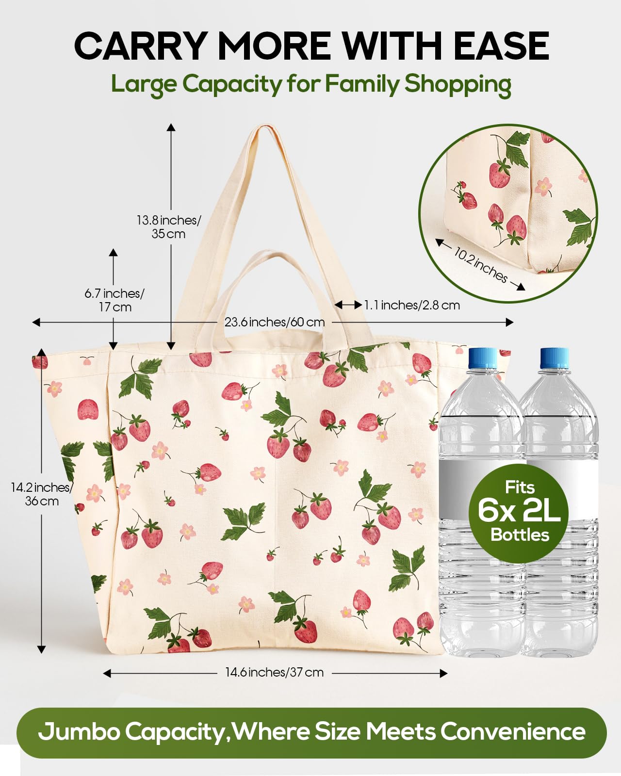 Miss Adola Large Canvas Grocery Tote Bag - Reusable Shoulder Bags with 6 Inner Pockets & Shoulder Strap and Handle Cute Aesthetic Designer Heavy Duty Shopping Totes for Groceries, Strawberry